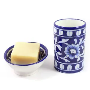 KHURJA POTTERY Blue Soap Dish and Brush Holder Ceramic Bathroom Accessories Jaipur Blue Art Pottery by Awarded Artisan