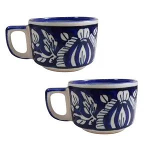 KHURJA POTTERY Ceramic Tea Cup 100 ML Handicraft by Awarded Indian Artisan (Blue 2)