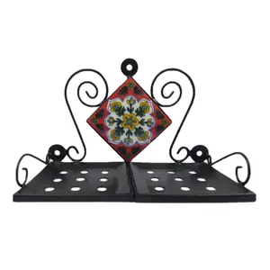 KHURJA POTTERY Handpainted Ceramic Tiles on Wrought Iron Handmade Tray (8x4x5.5 Inches)