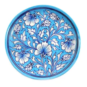 KHURJA POTTERY Wall Decor Sculpture Handmade Decorated Blue Pottery Art 8" Inch Ceramic Wall Plate Collector (Sky Blue)