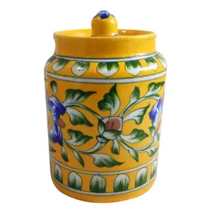 KHURJA POTTERY Ceramic Blue Pottery Art Jar Storage Container with Lid 250 ml Yellow