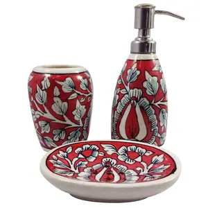 KHURJA POTTERY Bathroom Accessories Set with Soap Dish Liquid Soap Dispenser and Toothbrush Holder Khurja Pottery Decorated Floral Design (Red)