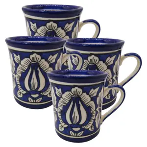 KHURJA POTTERY Ceramic Mug Tea Mug Coffee Mug 250 ml Handicraft by Awarded Indian Artisan (Blue 4)