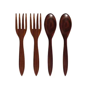 BIJNOR - METAL INLAY IN WOOD Handmade Sheesham Wood Spoon & Fork Set/Coffee Spoon/Dessert Spoon/Cutlery Kitchen Tableware (6 Inches) (24) (Brown 4 Pcs)