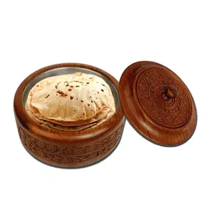 BIJNOR - METAL INLAY IN WOOD Hand Carved Chapati Box in Sheesham Wood -Chapati Casseroles Wooden Chapati Box for Kitchen Roti Box Designer Wooden Storage Box-9 inches.