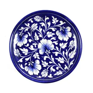 KHURJA POTTERY Ceramic Serving Plate 8-inch (Dark Blue with White Flower)