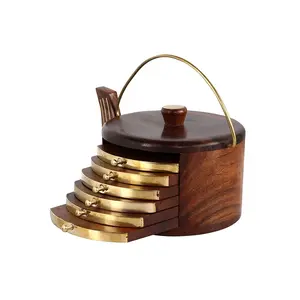 BIJNOR - METAL INLAY IN WOOD Handmade Wooden Tea Coaster Set of 6 Round Handicraft with Brass Decor Cattle Shape etc.