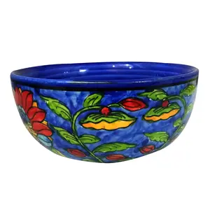 KHURJA POTTERY Handmade Crafted Multi-Purpose Khurja Pottery Ceramic Serving Bowls (Blue)