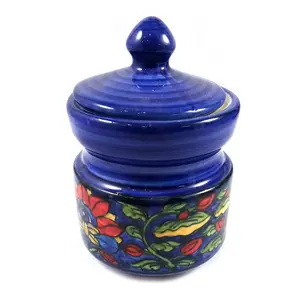 KHURJA POTTERY Handmade Decorated Khurja Pottery Ceramic Jar for Storage Spices Pickle (L-8 x W-8 x H-11 cm Multicolour)