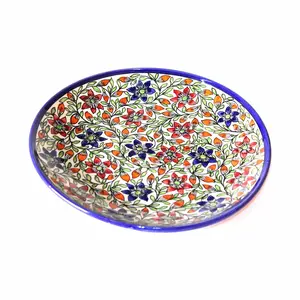 KHURJA POTTERY Handmade and Hand Decorated Crafted Khurja Pottery Flower Design Ceramic Serving Plate or Platter for Snacks Nut Fruit and Dessert (Multicolour)