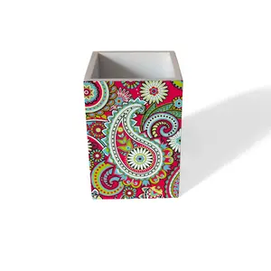 BIJNOR - METAL INLAY IN WOOD Decorative Pen Holder | Size 2.75" x 2.75" x 4" ht. | Pink Paisley Design | Stationery Organizer Office Table Desk Accessories