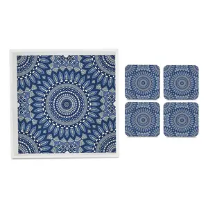 BIJNOR - METAL INLAY IN WOOD Tray & Coaster Set Blue Mandala 2 Design - Combo Offer. Kitchen Dining Serving & Desk Set of 1 Tray 12" x 12" and 4 Tabletop Square Drinks Coasters 3.75" x 3.75" Made in Wood