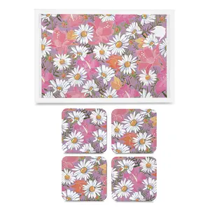 BIJNOR - METAL INLAY IN WOOD Tray & Coaster Set Camomile Design - Combo Offer. Kitchen Dining Serving & Desk Set of 1 Tray 8" x 12" and 4 Tabletop Square Drinks Coasters 3.75" x 3.75" Made in Wood