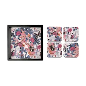 BIJNOR - METAL INLAY IN WOOD Tray & Coaster Set Grey Pink Butterflies Design - Combo Offer. Kitchen Dining Serving & Desk Set of 1 Tray 9" x 9" and 4 Tabletop Square Drinks Coasters 3.75" x 3.75" Made in Wood