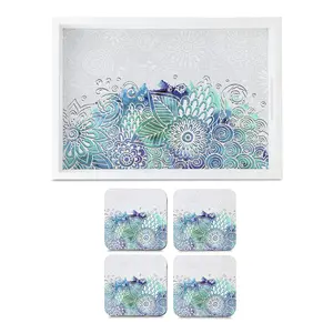 BIJNOR - METAL INLAY IN WOOD Tray & Coaster Set Abstract Flowers Design - Combo Offer. Kitchen Dining Serving & Desk Set of 1 Tray 10" x 14" and 4 Tabletop Square Drinks Coasters 3.75" x 3.75" Made in Wood
