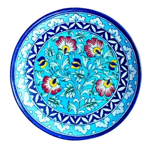 KHURJA POTTERY Sky Blue Decorative Hanging Plate Ceramic Wall Art 10 inches Handmade Blue Art Pottery by Awarded Artisan