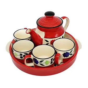 KHURJA POTTERY Handpainted Tea Kettle Set with 4 Cups & Tray Red & Blue Kettle 575 ml with 120ml tea cups (Ceramic)