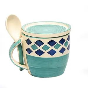 KHURJA POTTERY Green Handpainted Ceramic Coffee Mug with Coaster and Spoon 350ML