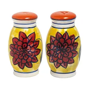 KHURJA POTTERY Ceramic Handpainted Salt & Pepper Dispenser Set (Yellow)