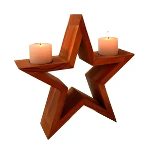 KHURJA POTTERY Wooden Candle Stand | Pillar Candle Holder | Wooden tealight Candle Holder - Star