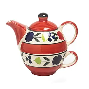 KHURJA POTTERY Microwave Safe Hand Painted Ceramic Single Tea Pot Kettle Set 400 ml Red & Blue Bail Design