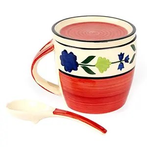 KHURJA POTTERY Red Hand Painted Ceramic Coffee Mug with Coaster and Spoon 350ML