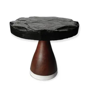 KHURJA POTTERY Mini Cake Stand | Natural Black Slate and Wooden Mini Cupcake Stand | Mini Pastry Stand - 5 Inch (SL)