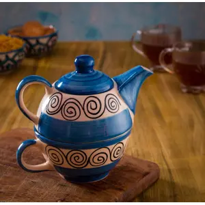 KHURJA POTTERY Microwave Safe Hand Painted Ceramic Single Tea Pot Kettle Set 400 ml Blue Spiral Printed