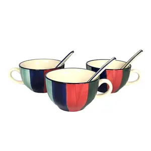 KHURJA POTTERY Ceramis Handpainted Soup Bowl With Spoon Set of 3 300ML