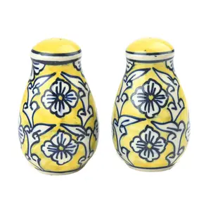 KHURJA POTTERY Saudagar Ceramic Hand Painted Large Size/Yellow Salt and Pepper Dispenser -Set of 2