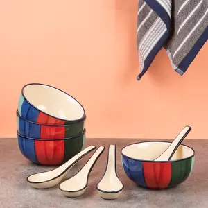 KHURJA POTTERY Ceramic Handpainted Serving Bowl with Spoon 300 MlSet of 4 Multi
