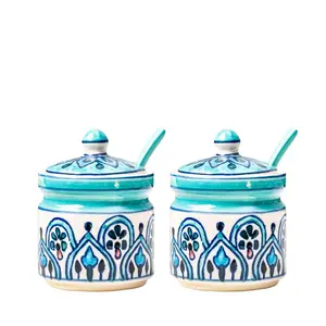 KHURJA POTTERY Ceramic Multipurpose Jar With Spoon - 300 ml 2 Pieces Green