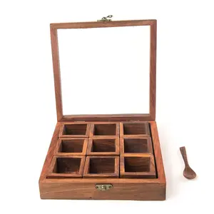 KHURJA POTTERY Sheesham Wood Spice Box with 9 partitions and spoon for Kitchen | Spice Container for Kitchen Wooden Masala Box