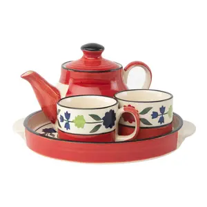KHURJA POTTERY Microwave Safe Hand Made Painted Ceramic Tea Set with Kettle and 2 Cup Capacity of 150 Ml Red Colour
