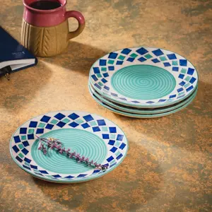 KHURJA POTTERY Ceramic Serving Designer Dinner Quarter Plates Set of 4 (Microwave and Dishwasher Safe) 7 Inch (Seagreen)