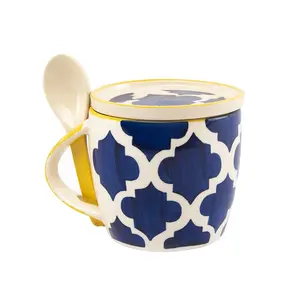 KHURJA POTTERY Ceramic Handpainted Coffee Mug with Coaster and Spoon Set of 1 350Ml (Blue & Yellow)