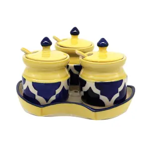 KHURJA POTTERY Blue & Yellow Ceramic Hand Painted Table Top Jars Set (3 Jars with 3 lids 1 tray with 3 spoons) for Kitchen/Dinning Table/Chatni/Spices/Storage 140 ml each