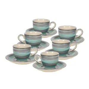 KHURJA POTTERY Seagreen Ceramic Handpainted Cup & Saucer Set of 12 150Ml