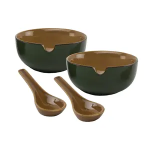 KHURJA POTTERY Ceramic Dual Glazed Handpainted Soup Bowls with Spoons Set of 2 240MlGreen