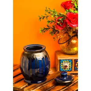 KHURJA POTTERY Ceramic Dual Glazed Studio Pottery Multipurpose Jar 1000 Ml Set Of 1 (Blue)