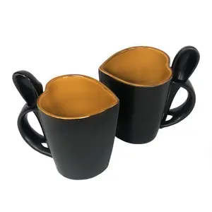KHURJA POTTERY Hand Painted Ceramic Heart Shape Coffee Mug Brown with Spoon 300 ml Set of 2