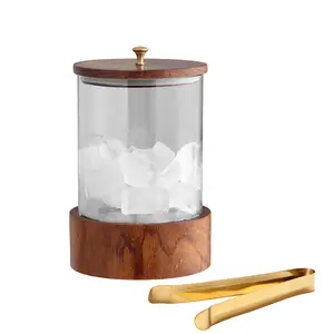 KHURJA POTTERY Ice Bucket with Tong | Handmade Wood and Glass Ice Bucket - WIB