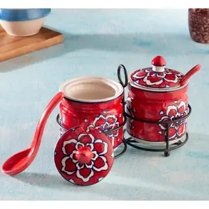 KHURJA POTTERY Ceramic Jar Set with Iron Stand 2 Spoon & Matching Lid for Storage Pickle (Red)