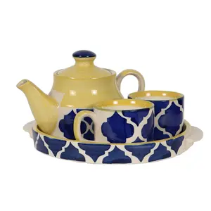 KHURJA POTTERY Microwave Safe Hand Made Painted Ceramic Tea Set with Kettle (Tea Pot) and 2 Cup Capacity of 150 ml Blue & Yellow
