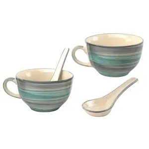 KHURJA POTTERY Ceramic Handpainted Handled Soup Bowl with Spoon Set of 2 300 Ml Sea Green