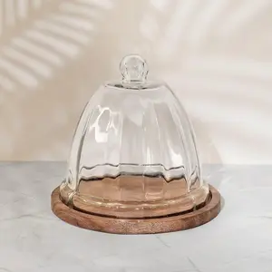 KHURJA POTTERY Rustic Wood Cake Stand with Cloche | Dome | Cupcake Stand | Pastry Stand | Dessert Dome | Cake Dome | Functional Serving Platter & Cake Container with Dome - 7.5 x 6 inch