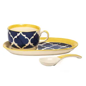 KHURJA POTTERY Handmade Ceramic Floral Soup Noodles Bowl Set with Tray & Spoon Blue and Yellow