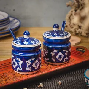 KHURJA POTTERY Ceramic Mughal Art Hand Painted Jar Set with 2 Spoon & Matching Lid for Storage Pickle (Blue) 300 ML