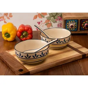 KHURJA POTTERY Hand Painted Ceramic Blue Leaf Striped Pattern Handled Soup Bowl Set of 2 with Spoon 300ML Cream