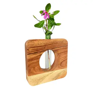 KHURJA POTTERY Wooden vase with Glass Tube | Test Tube Planter Modern Flower Bud Vase with Wood Stand | Tabletop Glass Terrarium for Propagating Hydroponics Plants - 7 inch SQR